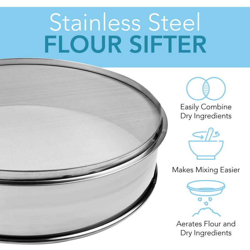 Vollum Stainless Steel Flour Sifter Fine Mesh Round Flour Sieve for Baking 8" Diameter x 2.5" High; 50 Mesh (Hole Size 0.3mm) - Image 2